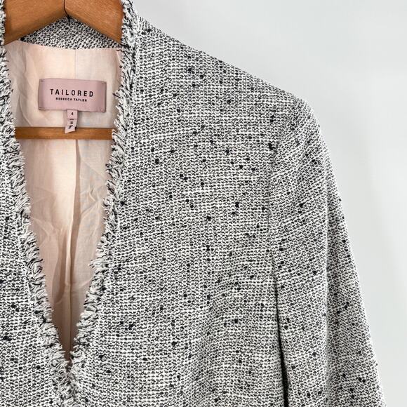 Rebecca Taylor Tweed Blazer 4 Jacket Gray White Black Fringe Covered Button - Picture 7 of 7